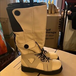 Cream and Black Combat Moto Boots with Straps